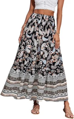Women Boho Maxi Skirts Flowy Floral Elastic High Waist Long Skirts Summer Bohemian A-Line Pleated Casual Beach Skirt