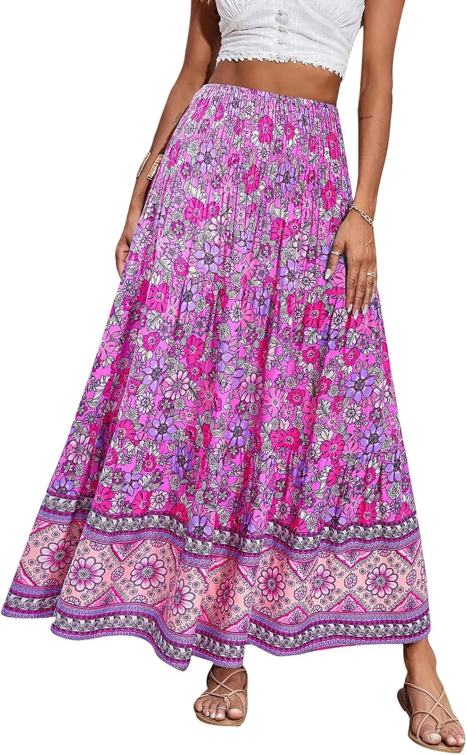Women Boho Maxi Skirts Flowy Floral Elastic High Waist Long Skirts Summer Bohemian A-Line Pleated Casual Beach Skirt