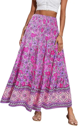 Women Boho Maxi Skirts Flowy Floral Elastic High Waist Long Skirts Summer Bohemian A-Line Pleated Casual Beach Skirt