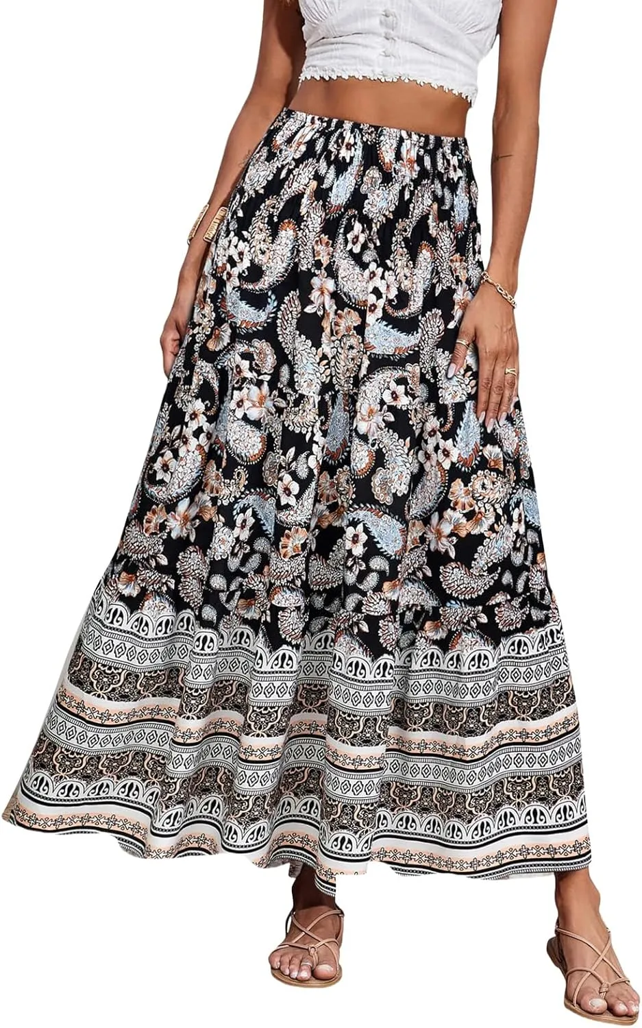 Women Boho Maxi Skirts Flowy Floral Elastic High Waist Long Skirts Summer Bohemian A-Line Pleated Casual Beach Skirt