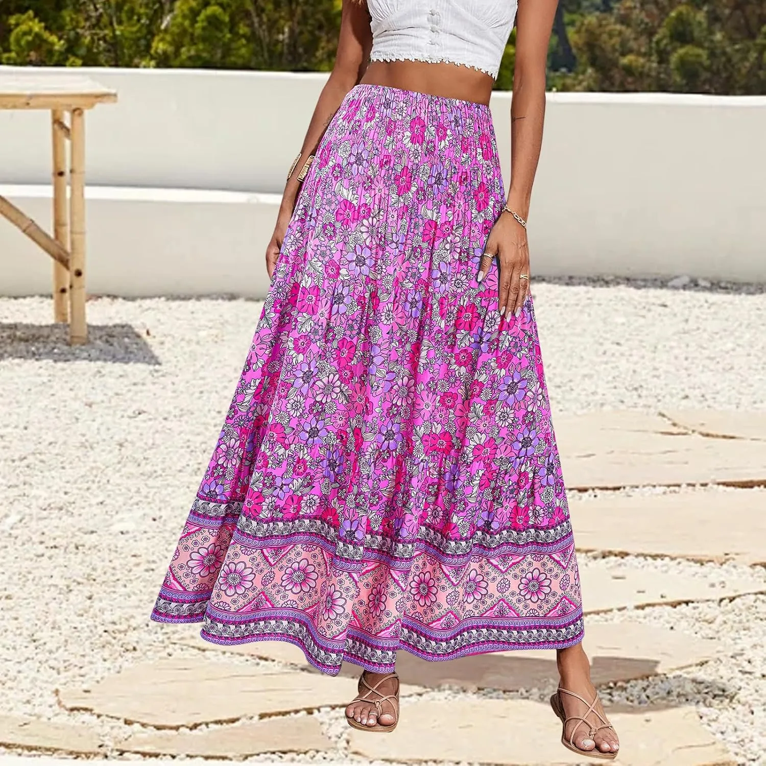 Women Boho Maxi Skirts Flowy Floral Elastic High Waist Long Skirts Summer Bohemian A-Line Pleated Casual Beach Skirt