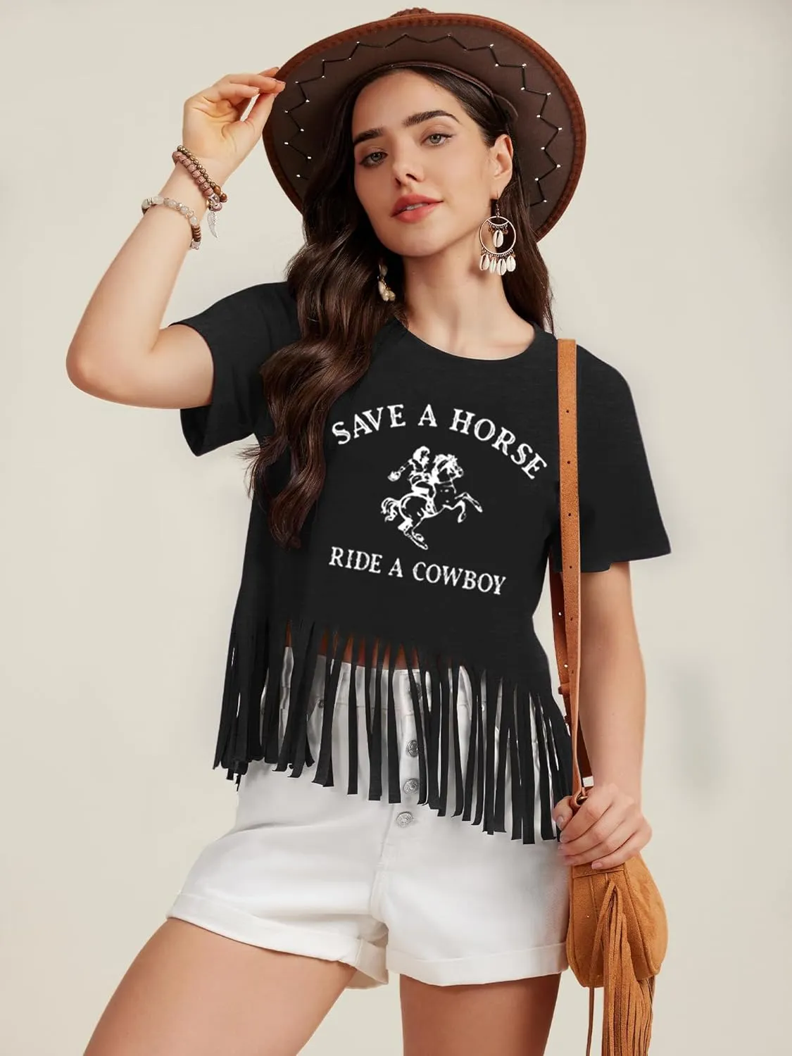 Women Western Shirt Save a Horse Ride a Cowboy Vintage Cowgirl Fringe Shirt Country Concert Tops Short Sleeve