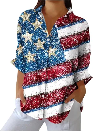 Womens 4th of July Shirt Patriotic Sequin Graphic Blouse American Flag Print Button Down Casual Tops