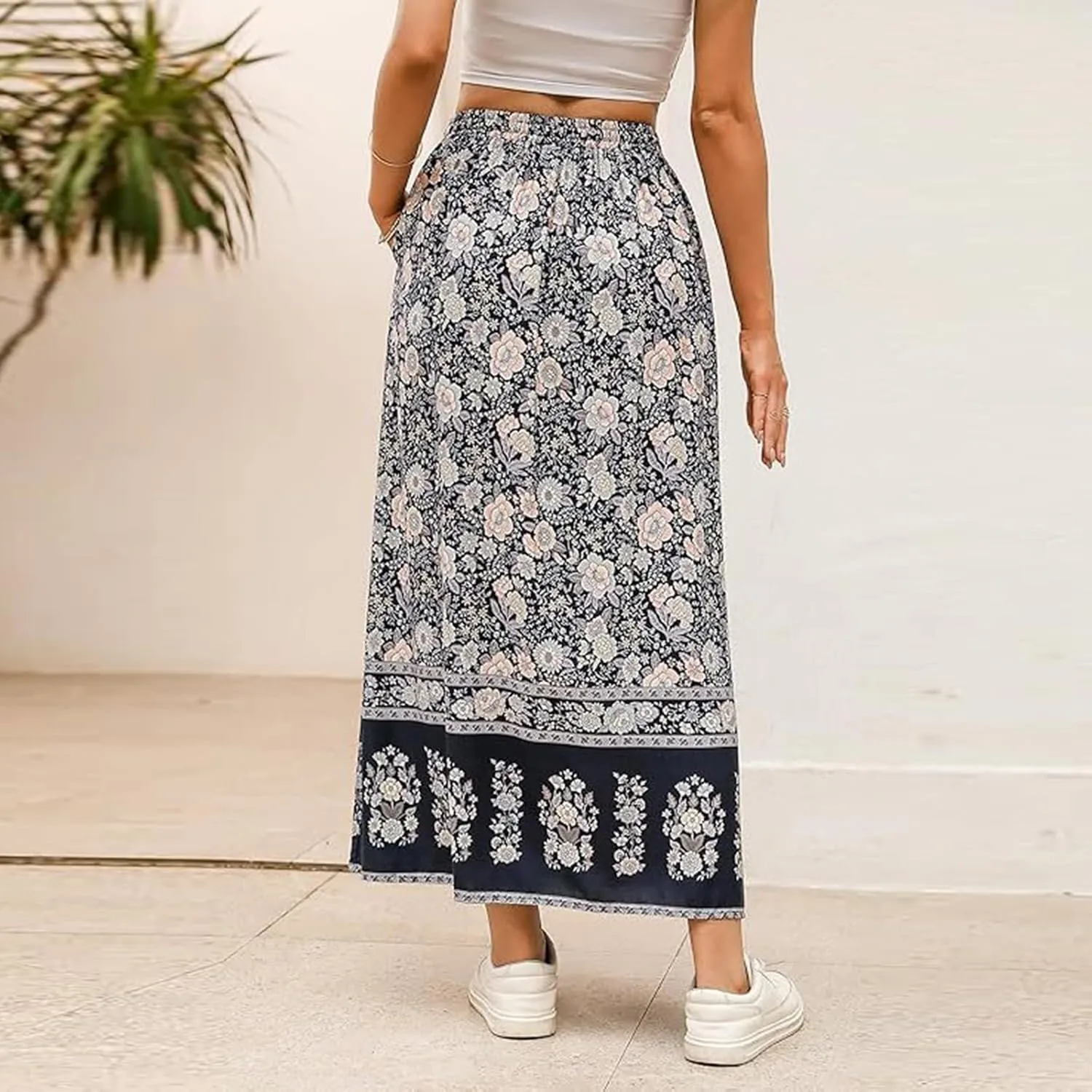 Women's Boho Dresses 2025 Pleated Skirt Chiffon Elastic Waist A-Line Midi Length Skirt, S-2XL