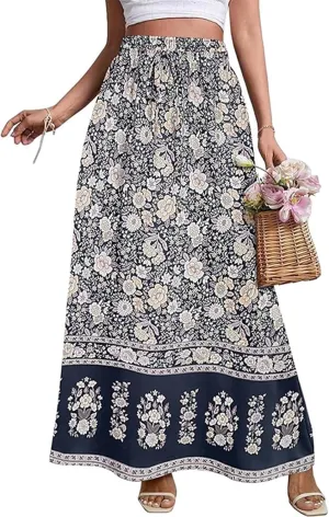 Women's Boho Dresses 2025 Pleated Skirt Chiffon Elastic Waist A-Line Midi Length Skirt, S-2XL