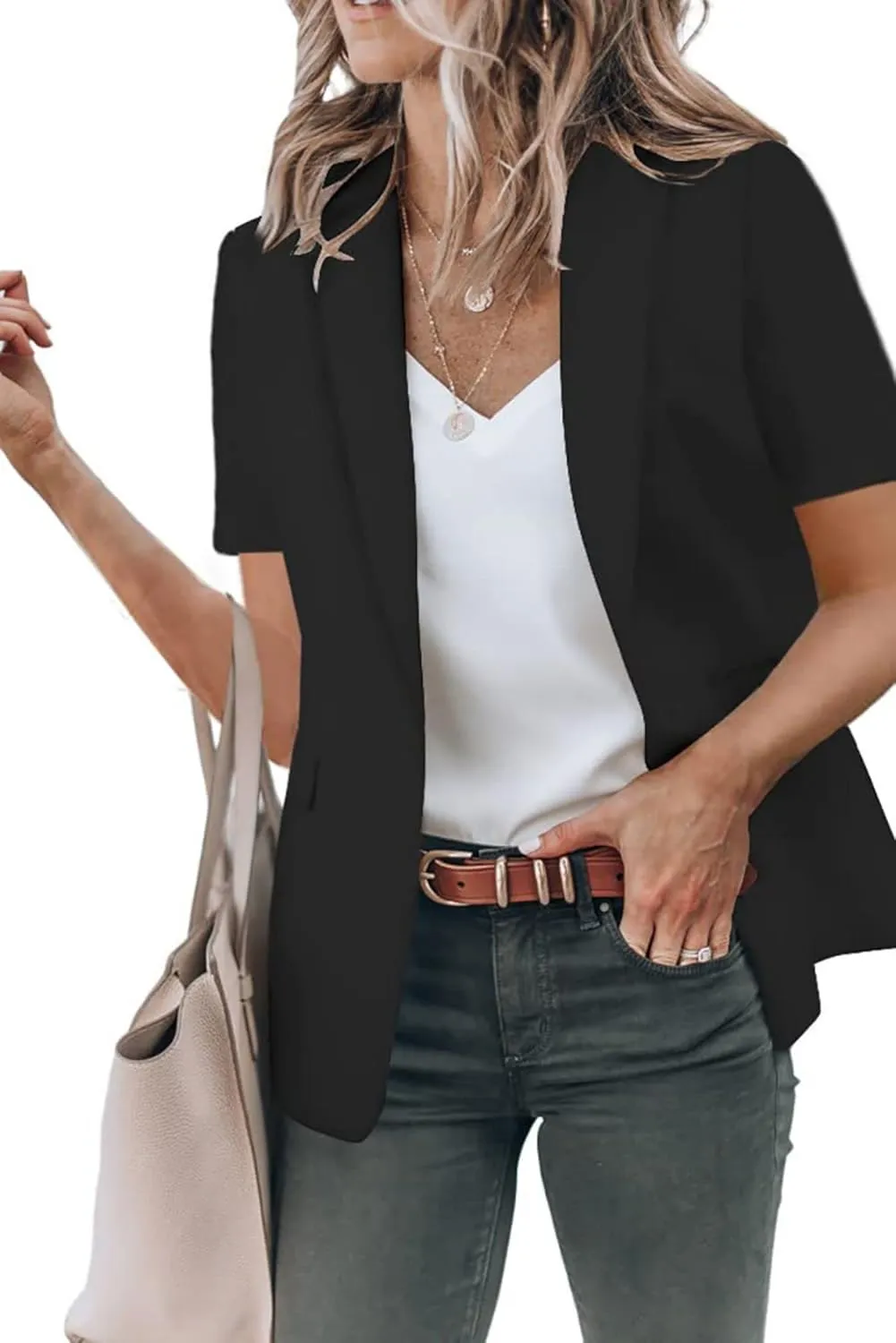 Women's Casual Blazer Summer Short Sleeve Blazers Lapel Open Front Work Office Jacket Profession Bussiness Suit Jackets