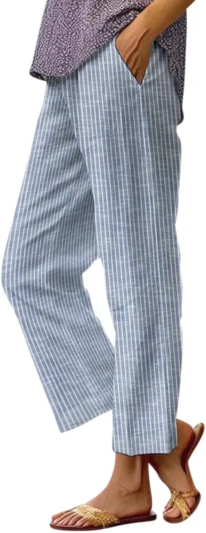 Women's Casual Boho Striped Cotton Linen Pants Elastic Waist Drawstring Summer Beach Baggy Capri Straight Leg Trouser