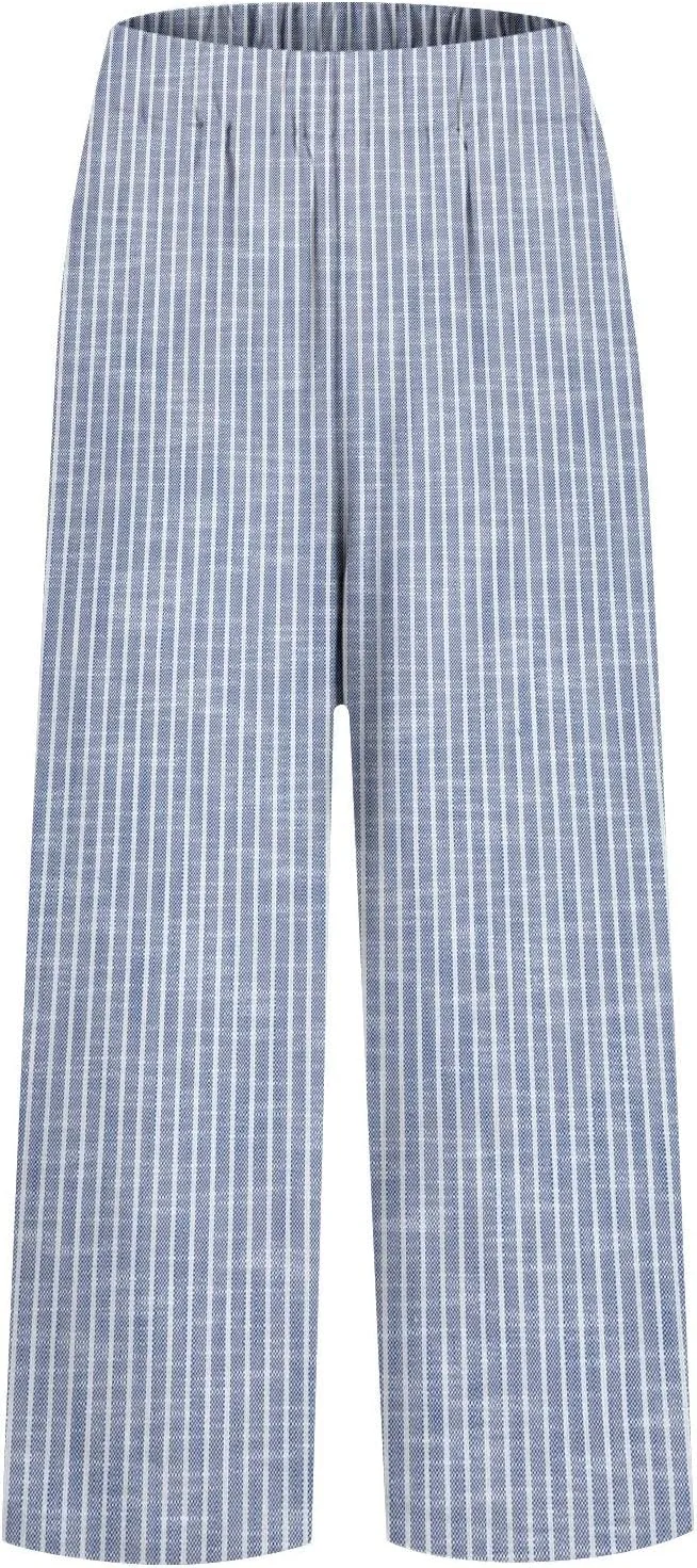 Women's Casual Boho Striped Cotton Linen Pants Elastic Waist Drawstring Summer Beach Baggy Capri Straight Leg Trouser