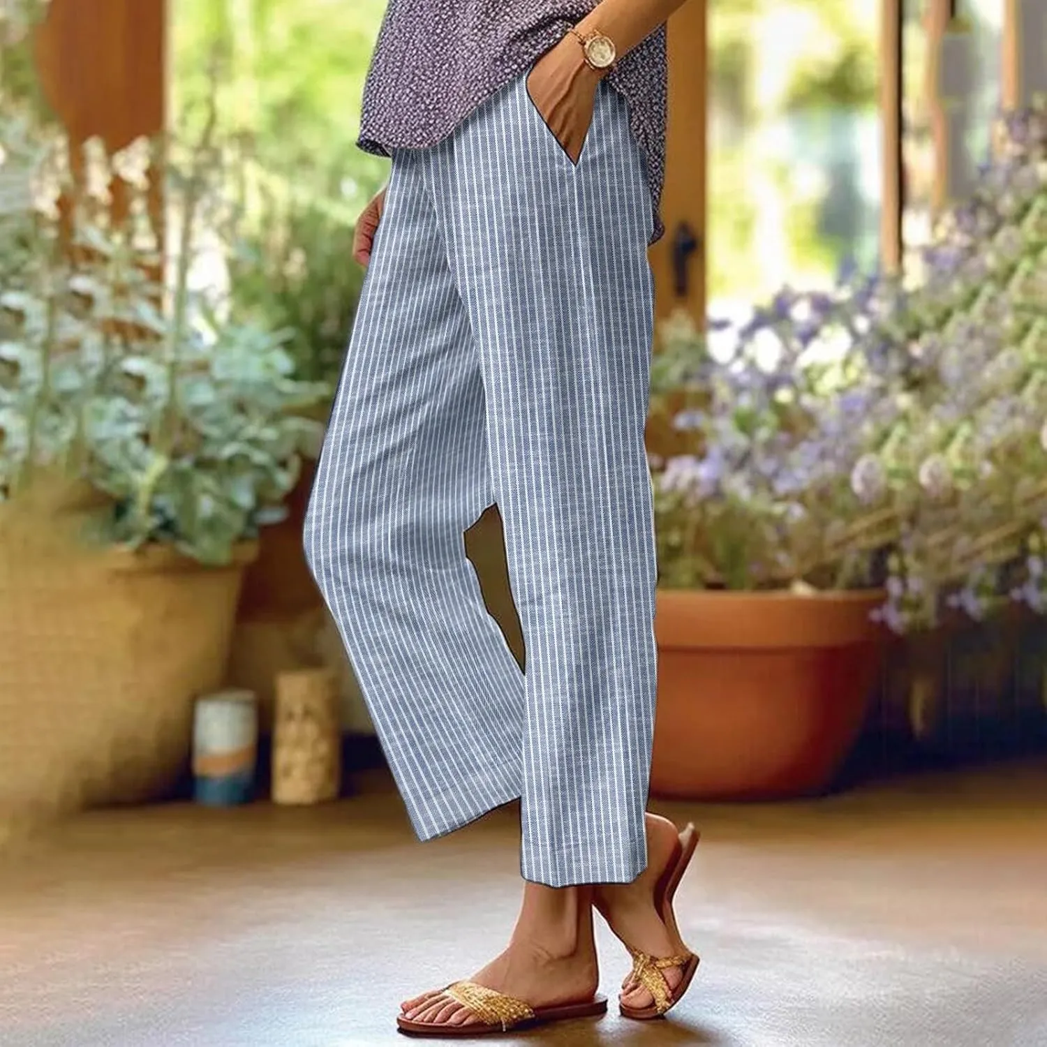 Women's Casual Boho Striped Cotton Linen Pants Elastic Waist Drawstring Summer Beach Baggy Capri Straight Leg Trouser