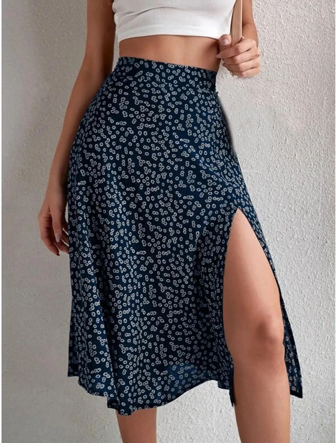 Womens Casual Midi Skirts Boho Floral Print Slit High Waisted A-Line Skirt Summer Sexy Split Beach Skirt
