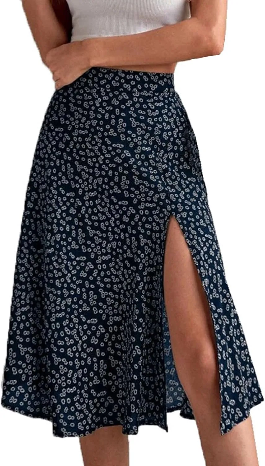 Womens Casual Midi Skirts Boho Floral Print Slit High Waisted A-Line Skirt Summer Sexy Split Beach Skirt