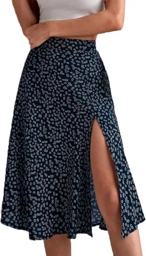 Womens Casual Midi Skirts Boho Floral Print Slit High Waisted A-Line Skirt Summer Sexy Split Beach Skirt