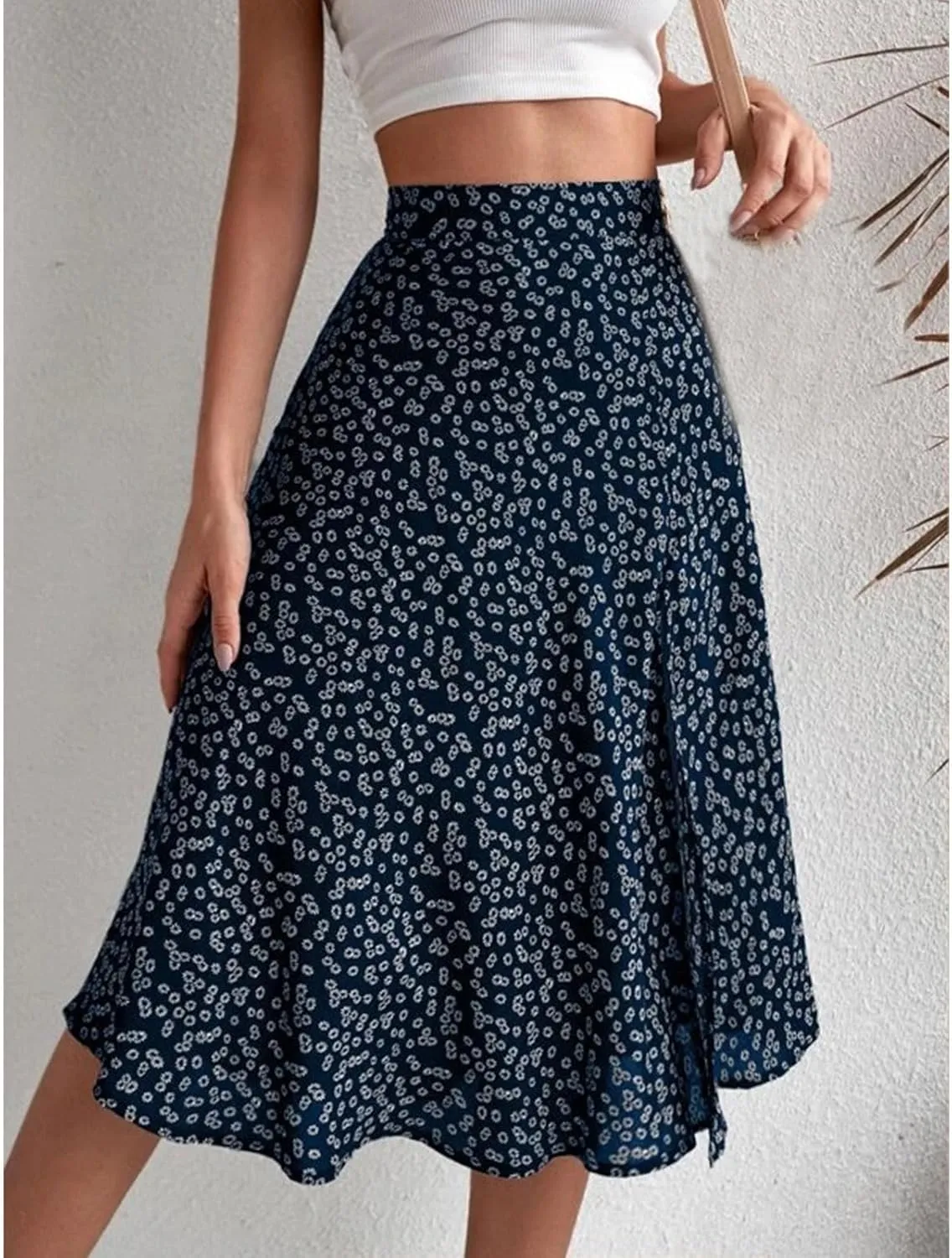 Womens Casual Midi Skirts Boho Floral Print Slit High Waisted A-Line Skirt Summer Sexy Split Beach Skirt