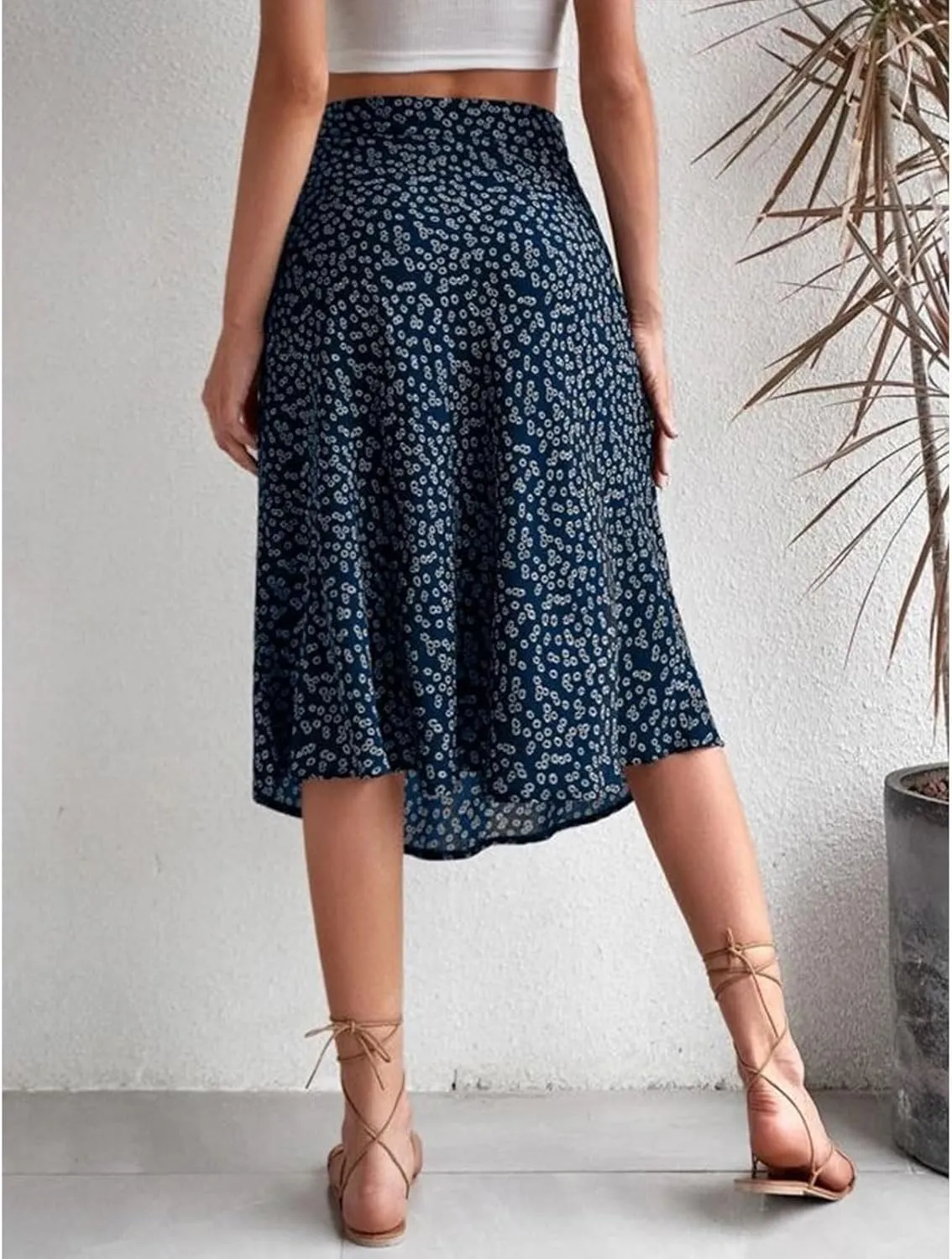Womens Casual Midi Skirts Boho Floral Print Slit High Waisted A-Line Skirt Summer Sexy Split Beach Skirt