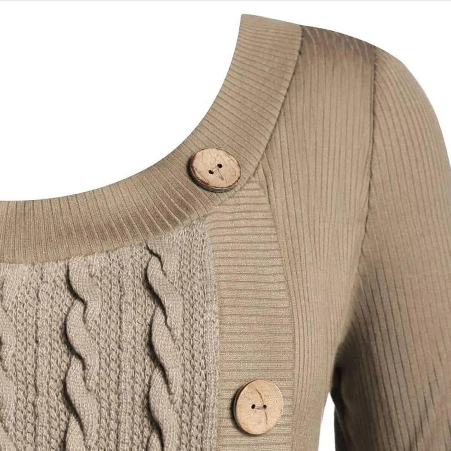 Women's Fall Winter Casual Trendy Dress Long Sleeve Crew Neck Solid Button Fleece Cable Knit Sweater Dresses, L-5XL