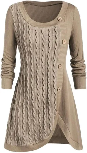 Women's Fall Winter Casual Trendy Dress Long Sleeve Crew Neck Solid Button Fleece Cable Knit Sweater Dresses, L-5XL