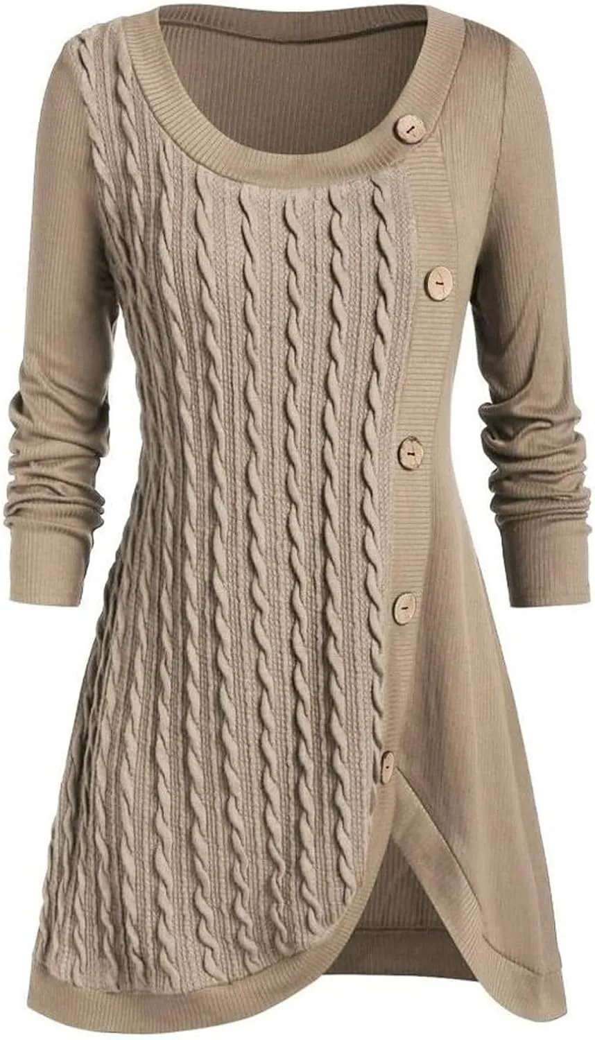 Women's Fall Winter Casual Trendy Dress Long Sleeve Crew Neck Solid Button Fleece Cable Knit Sweater Dresses, L-5XL