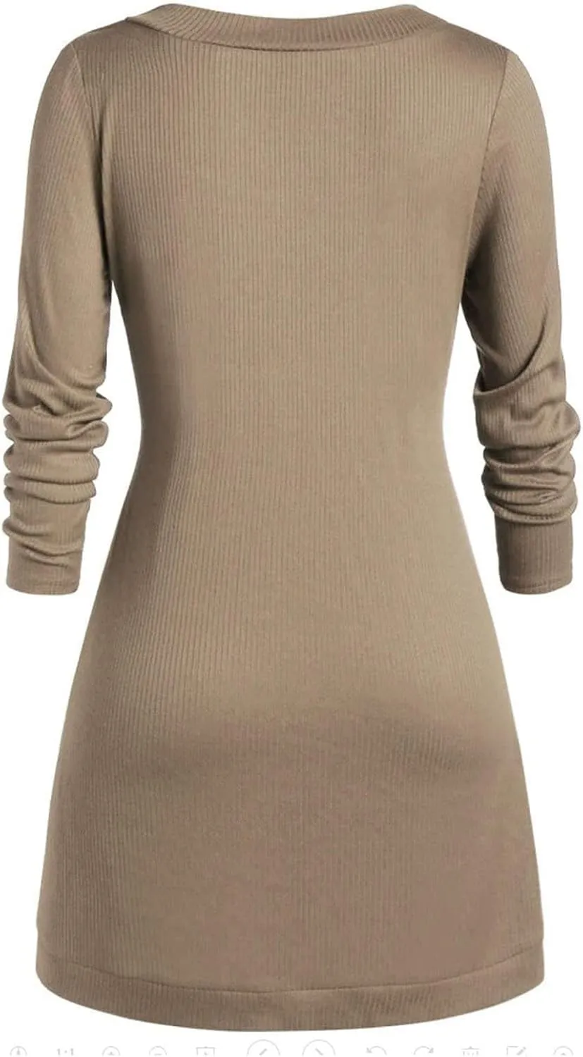 Women's Fall Winter Casual Trendy Dress Long Sleeve Crew Neck Solid Button Fleece Cable Knit Sweater Dresses, L-5XL