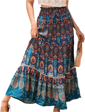 Women's Fashion Maxi Skirts Solid Color Beach High Waist Bohemian A-Line Layered Halter Flowy Skirt