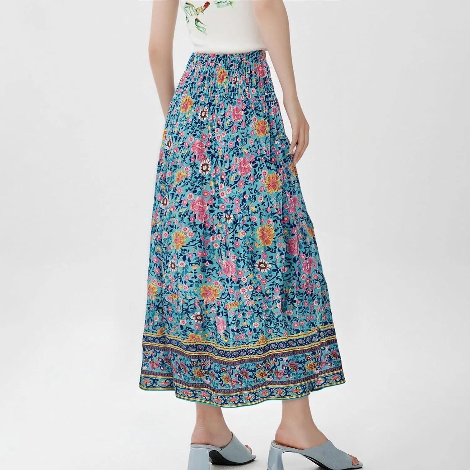 Women's Fashion Maxi Skirts Solid Color Beach High Waist Bohemian A-Line Layered Halter Flowy Skirt