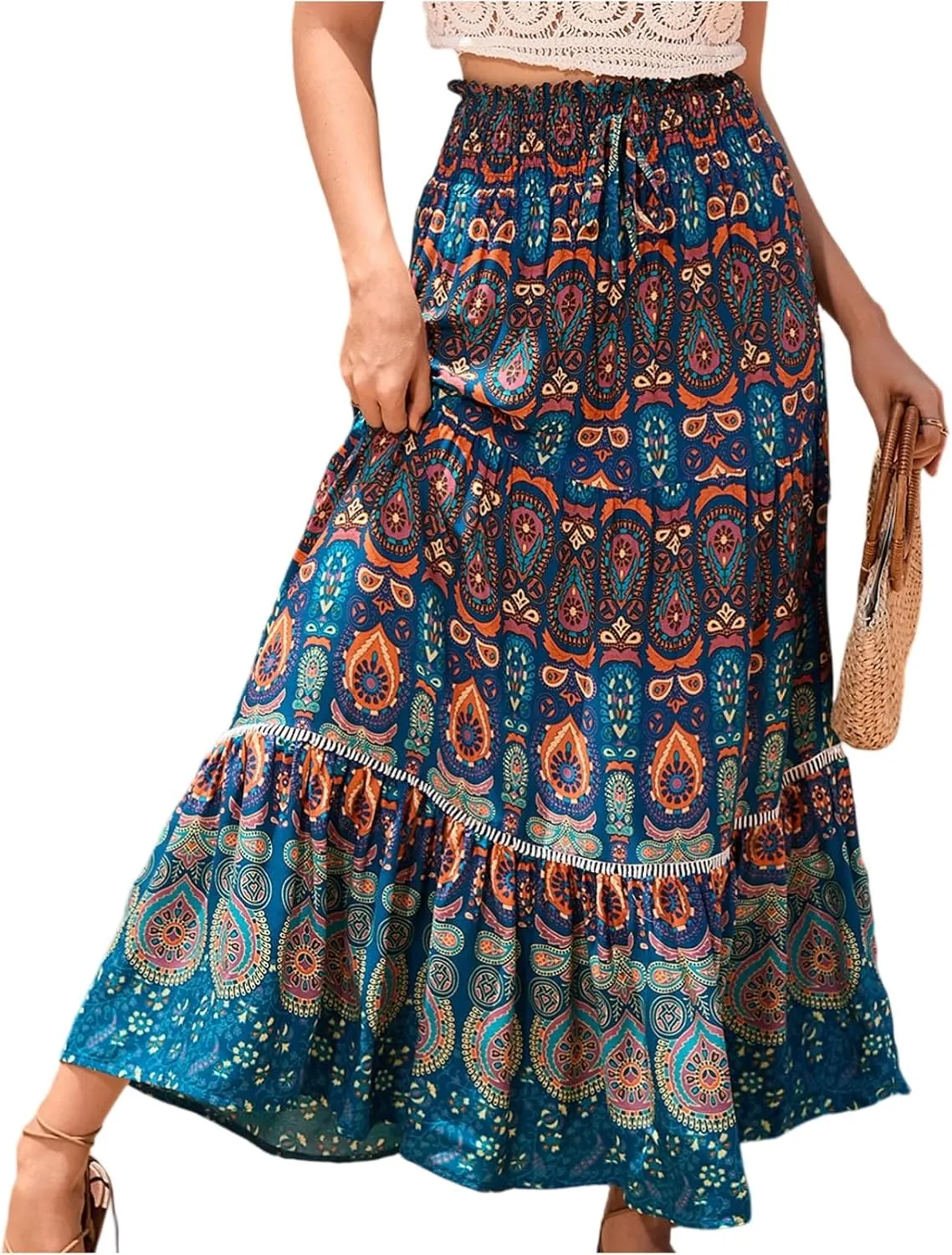 Women's Fashion Maxi Skirts Solid Color Beach High Waist Bohemian A-Line Layered Halter Flowy Skirt