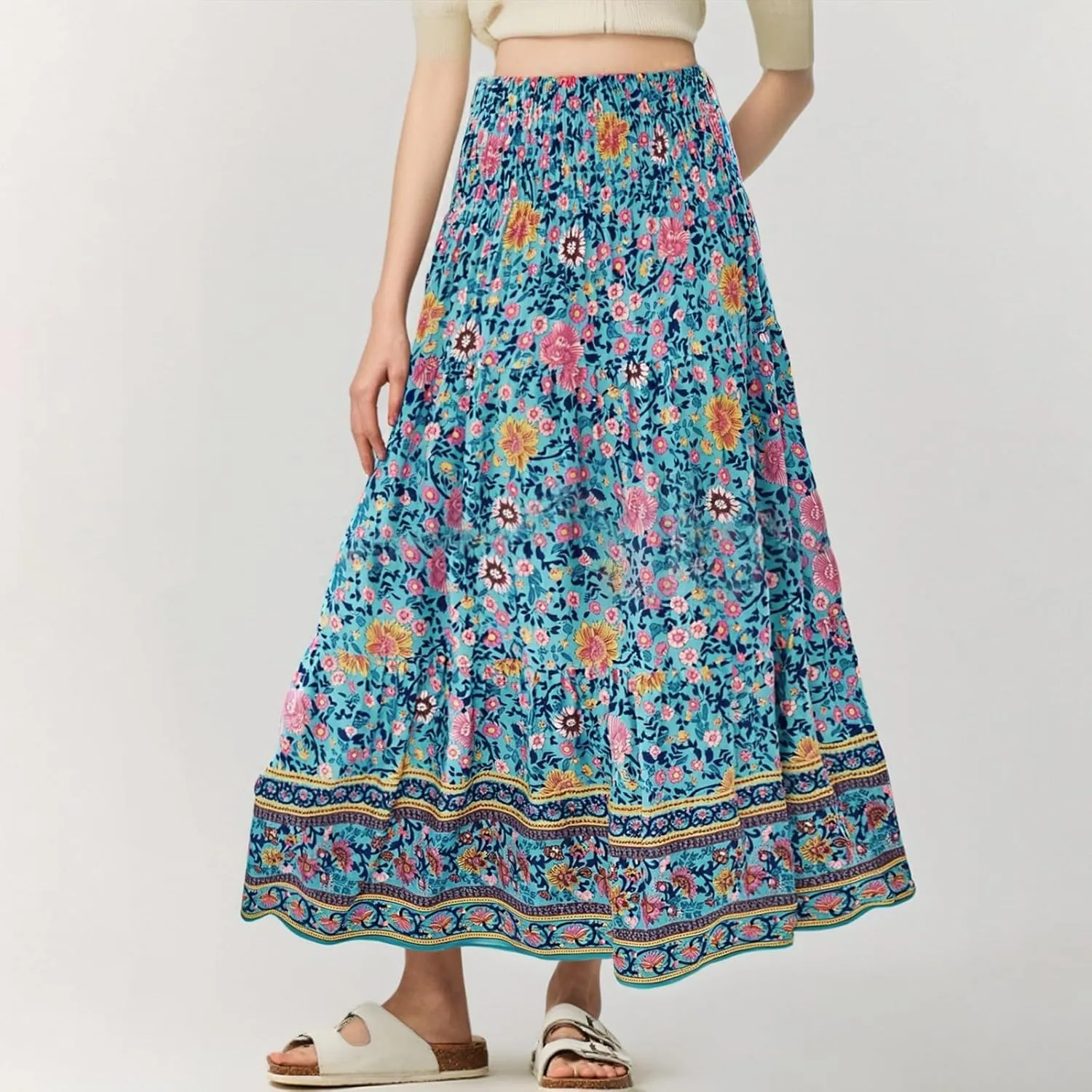 Women's Fashion Maxi Skirts Solid Color Beach High Waist Bohemian A-Line Layered Halter Flowy Skirt