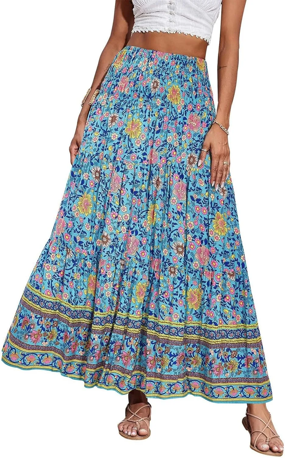 Women's Fashion Maxi Skirts Solid Color Beach High Waist Bohemian A-Line Layered Halter Flowy Skirt