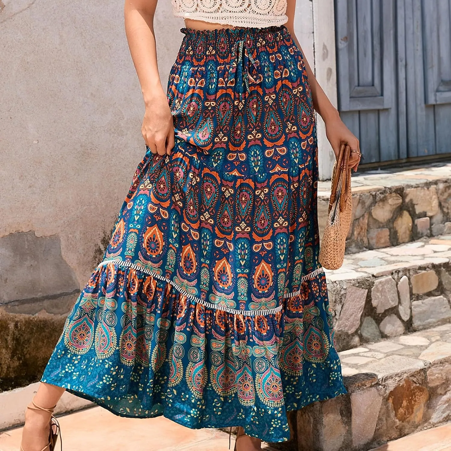Women's Fashion Maxi Skirts Solid Color Beach High Waist Bohemian A-Line Layered Halter Flowy Skirt