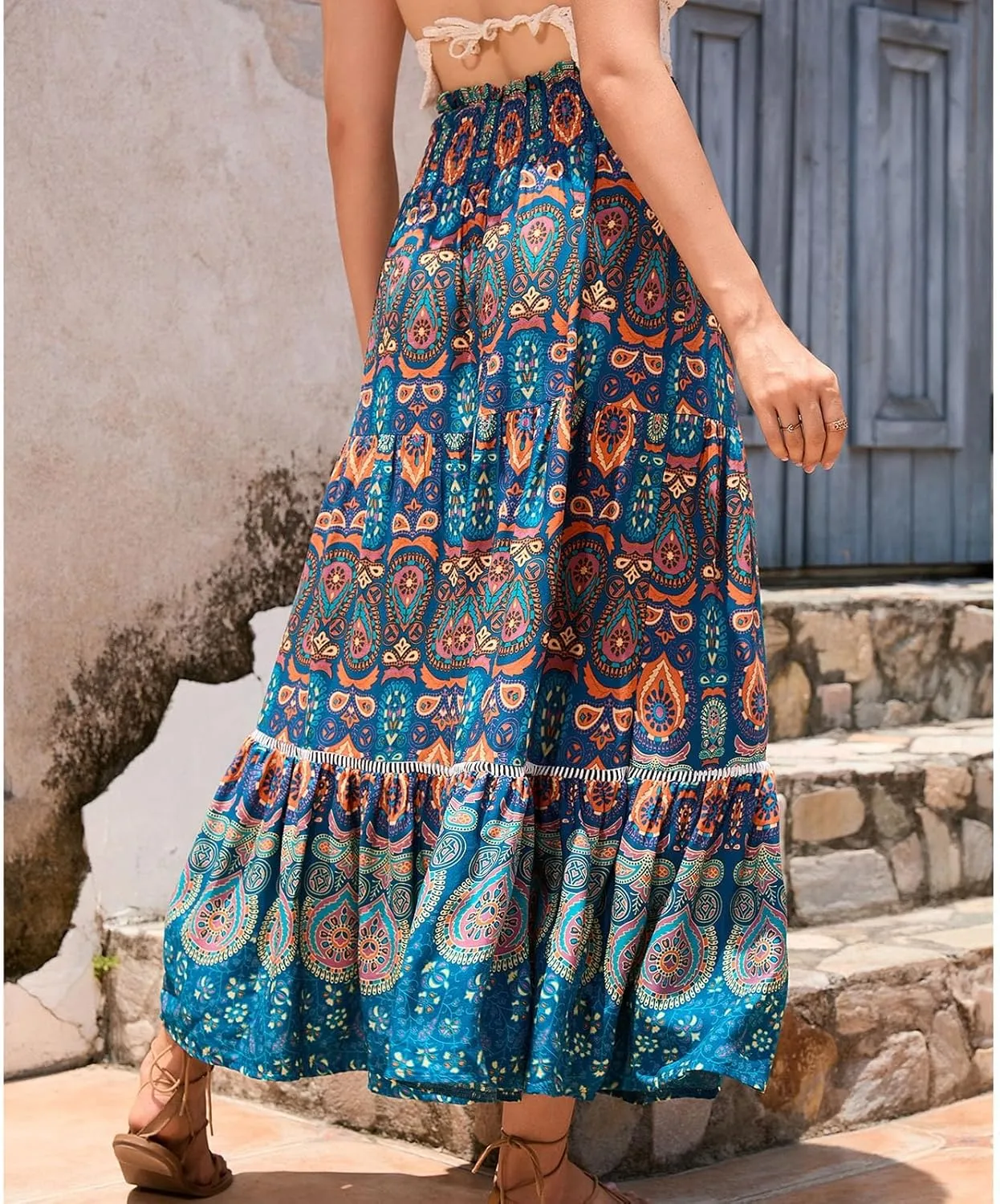 Women's Fashion Maxi Skirts Solid Color Beach High Waist Bohemian A-Line Layered Halter Flowy Skirt