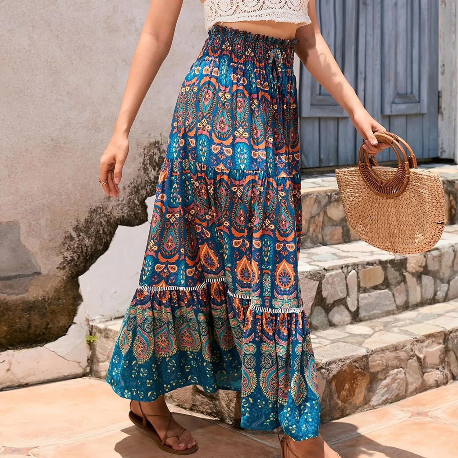 Women's Fashion Maxi Skirts Solid Color Beach High Waist Bohemian A-Line Layered Halter Flowy Skirt