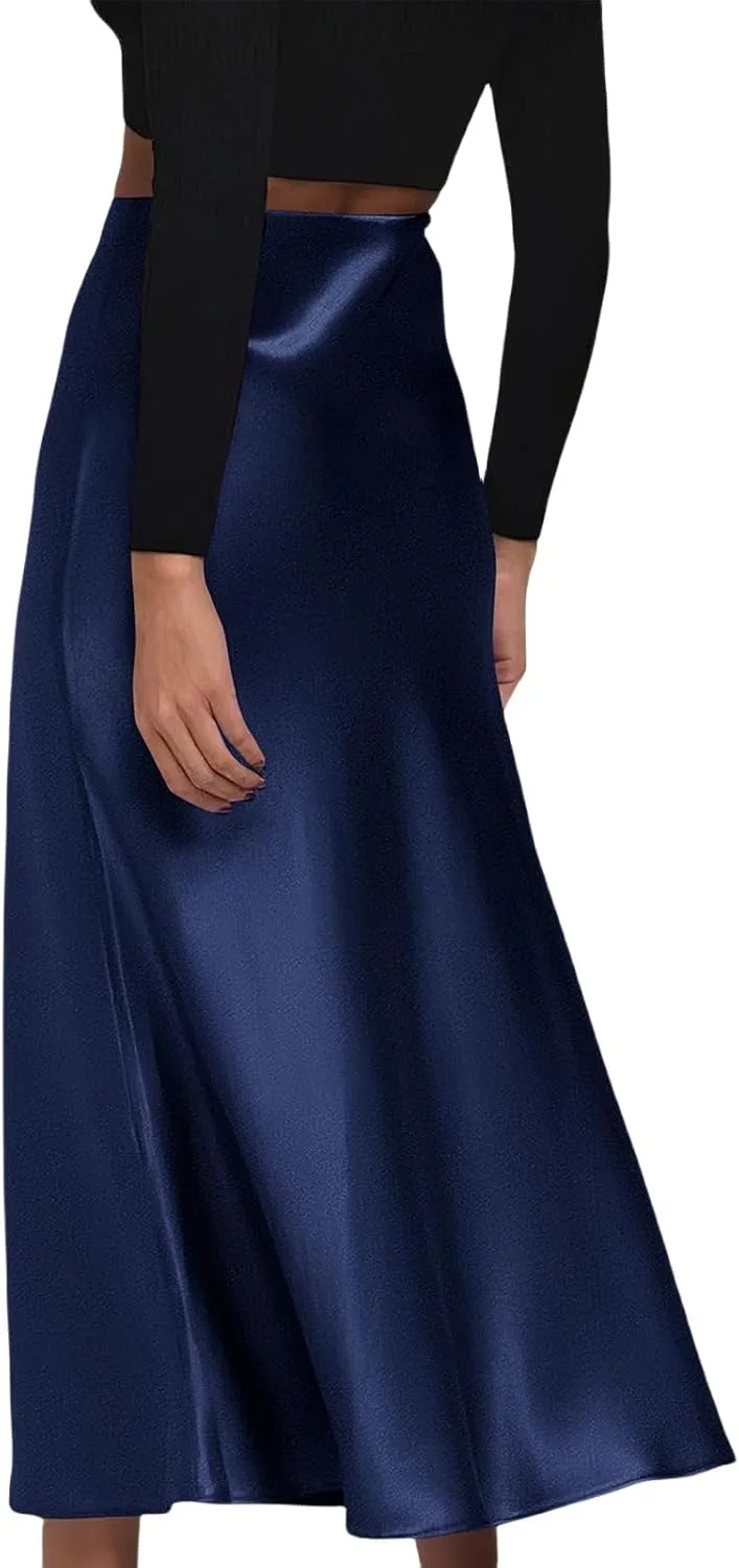 Womens High Waist Midi Skirts Summer Spring Elegant Satin Silk A-Line Skirts Dressy Flowy Cocktail Party Wedding Skirt