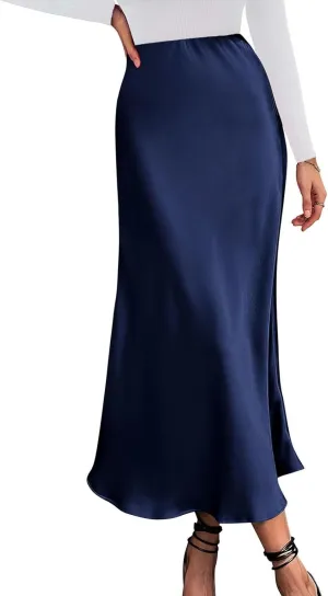 Womens High Waist Midi Skirts Summer Spring Elegant Satin Silk A-Line Skirts Dressy Flowy Cocktail Party Wedding Skirt