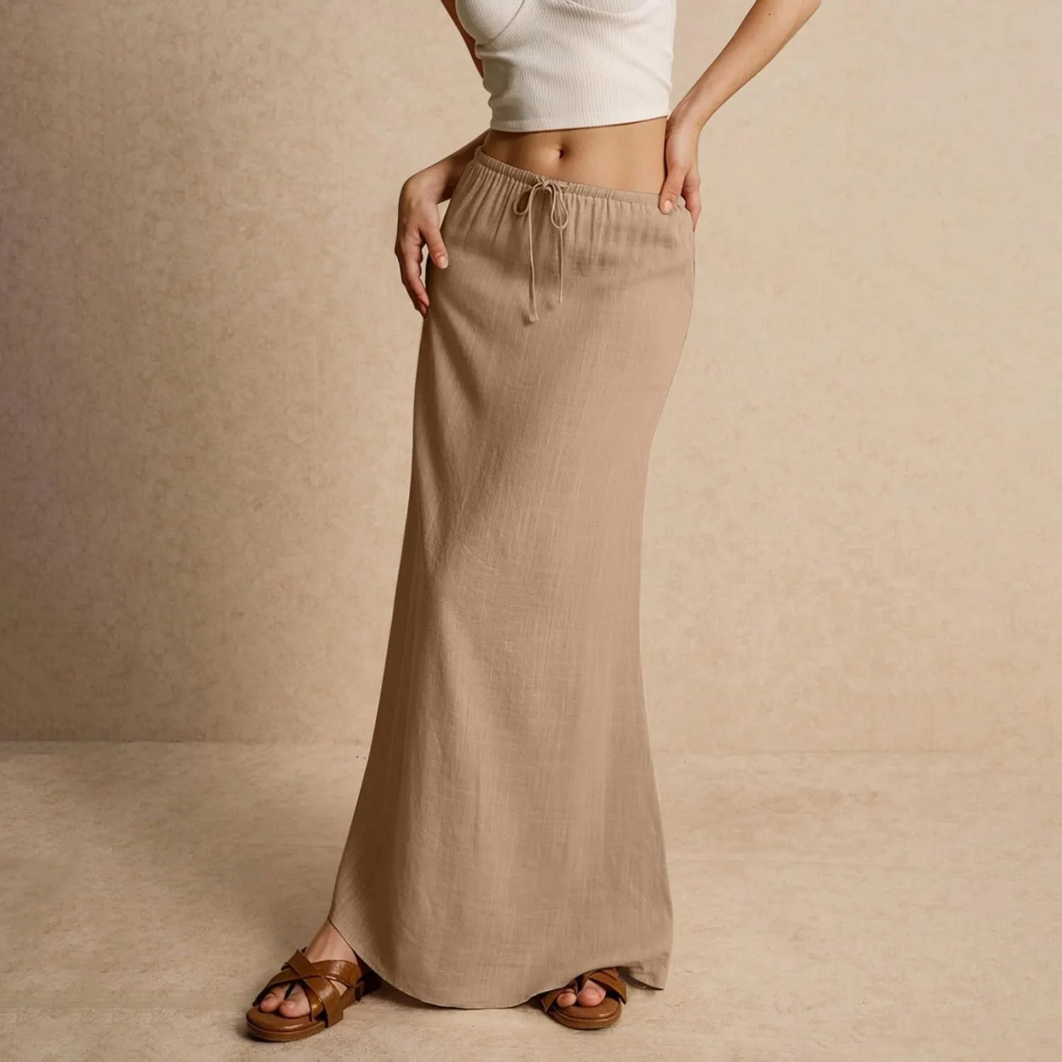 Women's Long Skirts 2025 Boho Summer Elastic Waist Solid Tie Athletic Maxi Skirt with Pockets Trendy, S-2XL