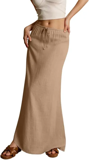 Women's Long Skirts 2025 Boho Summer Elastic Waist Solid Tie Athletic Maxi Skirt with Pockets Trendy, S-2XL