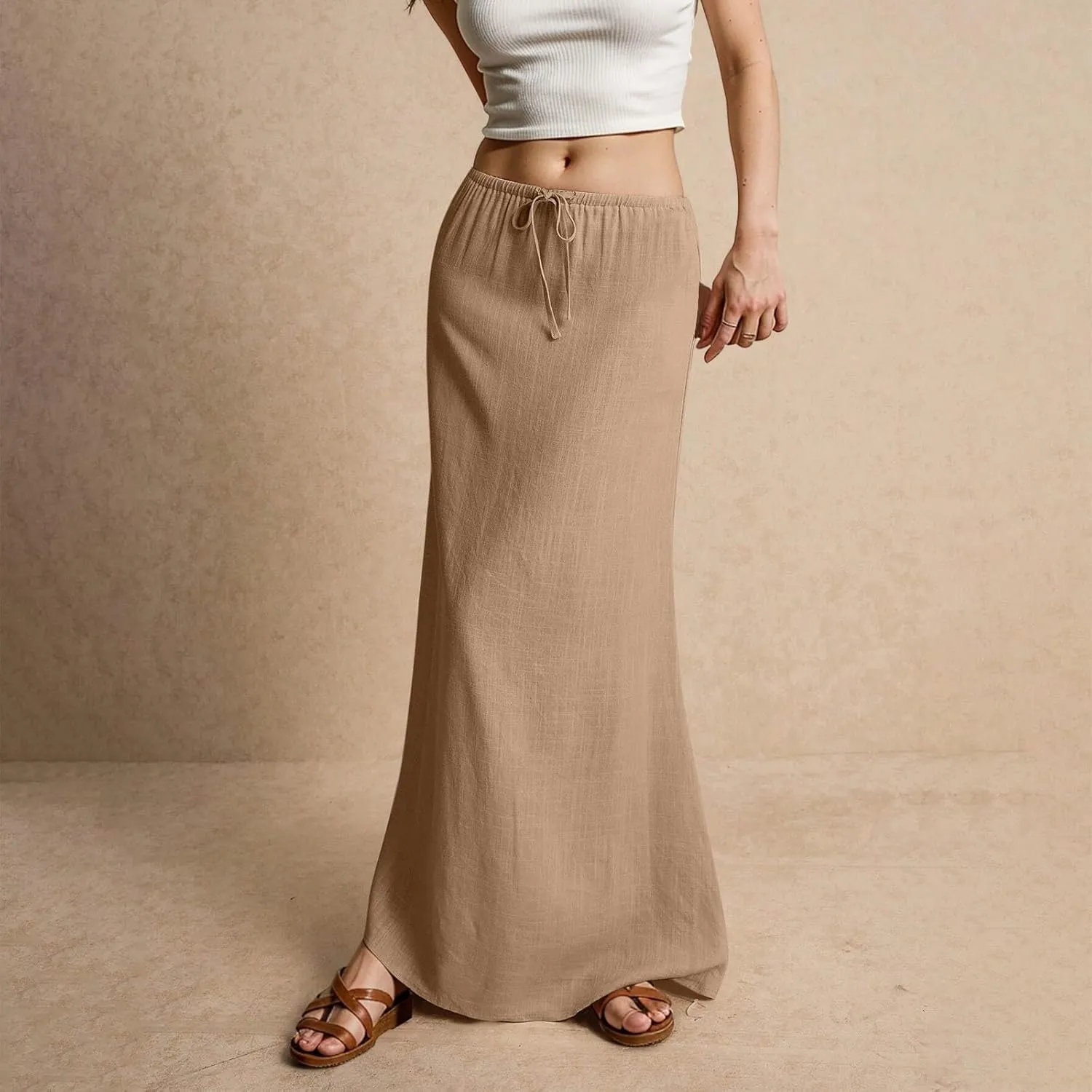 Women's Long Skirts 2025 Boho Summer Elastic Waist Solid Tie Athletic Maxi Skirt with Pockets Trendy, S-2XL
