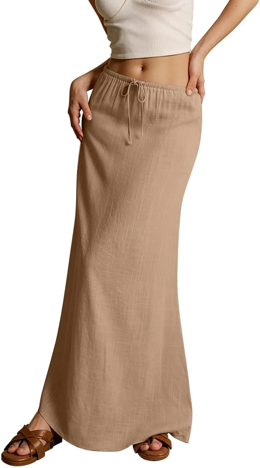 Women's Long Skirts 2025 Boho Summer Elastic Waist Solid Tie Athletic Maxi Skirt with Pockets Trendy, S-2XL