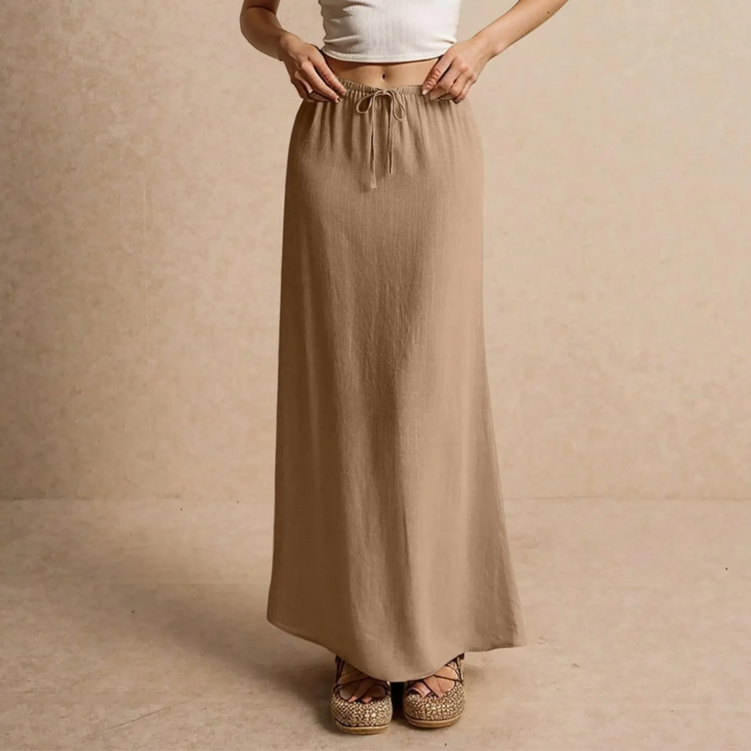 Women's Long Skirts 2025 Boho Summer Elastic Waist Solid Tie Athletic Maxi Skirt with Pockets Trendy, S-2XL