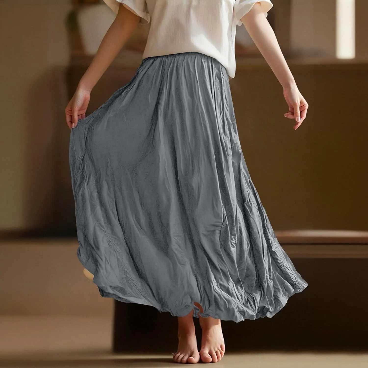 Women's Maxi Dresses 2025 Long Elastic High Waist Retro Pleated A-Line Flared Maxi Skirts, S-XL