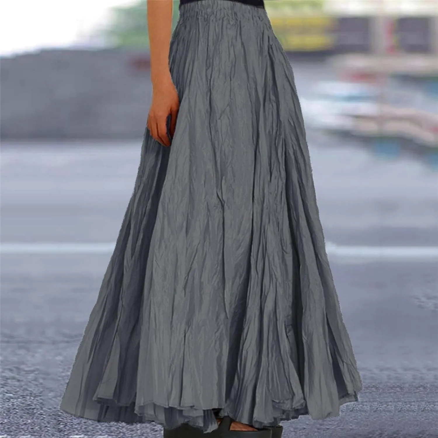 Women's Maxi Dresses 2025 Long Elastic High Waist Retro Pleated A-Line Flared Maxi Skirts, S-XL