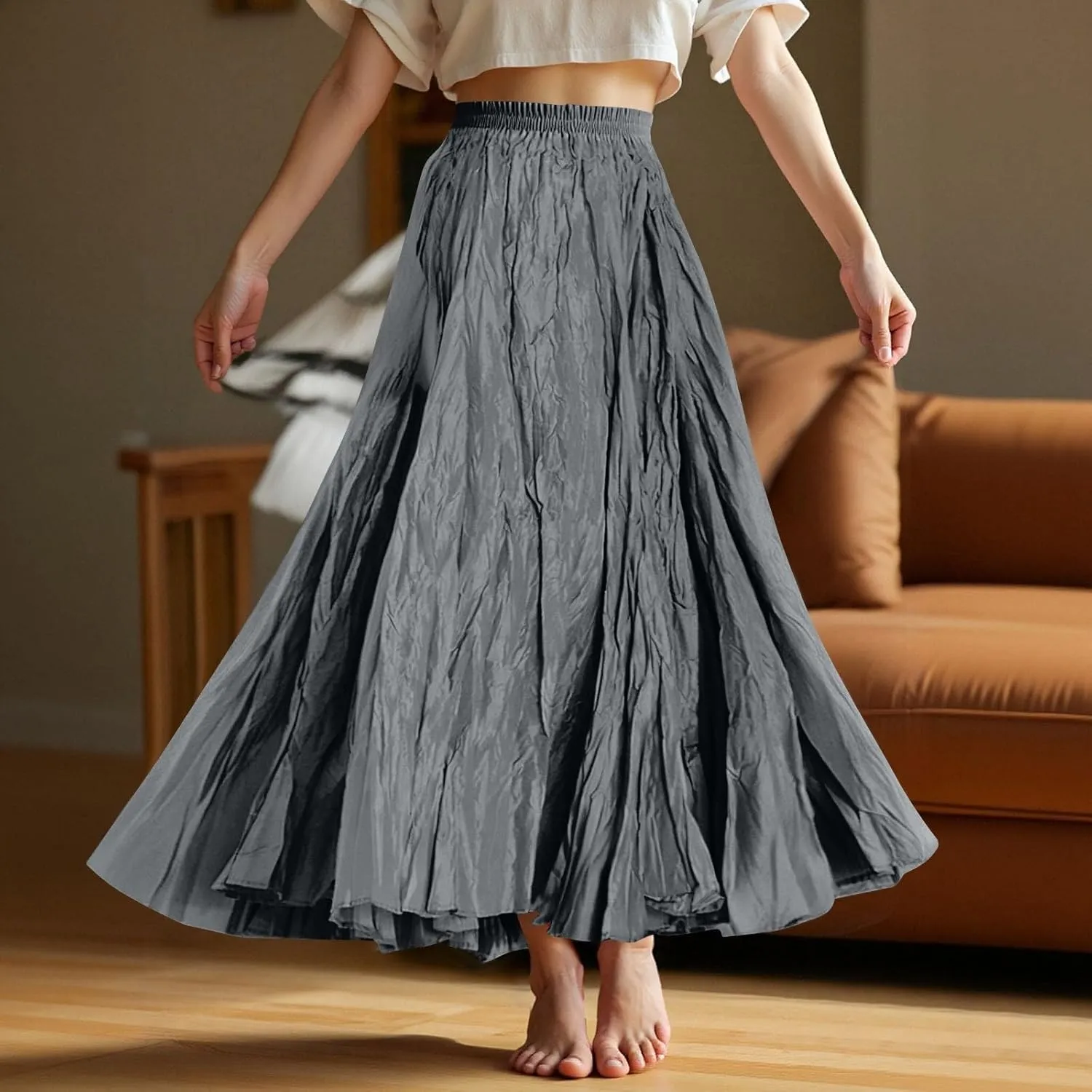 Women's Maxi Dresses 2025 Long Elastic High Waist Retro Pleated A-Line Flared Maxi Skirts, S-XL