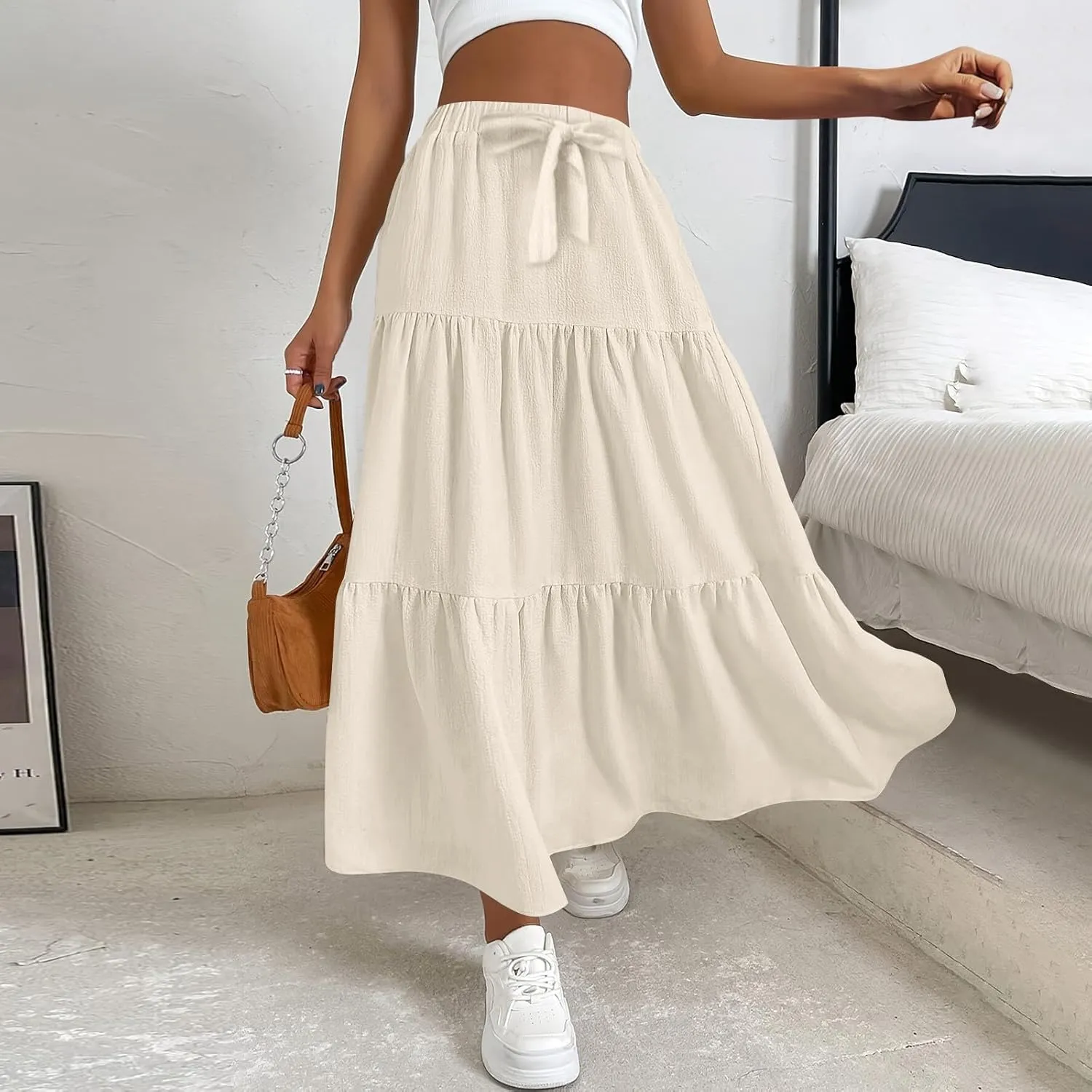 Womens Maxi Skirts Elastic Boho High Waisted Pleated Long Skirts Summer Casual Flowy A Line Tiered Beach Skirt