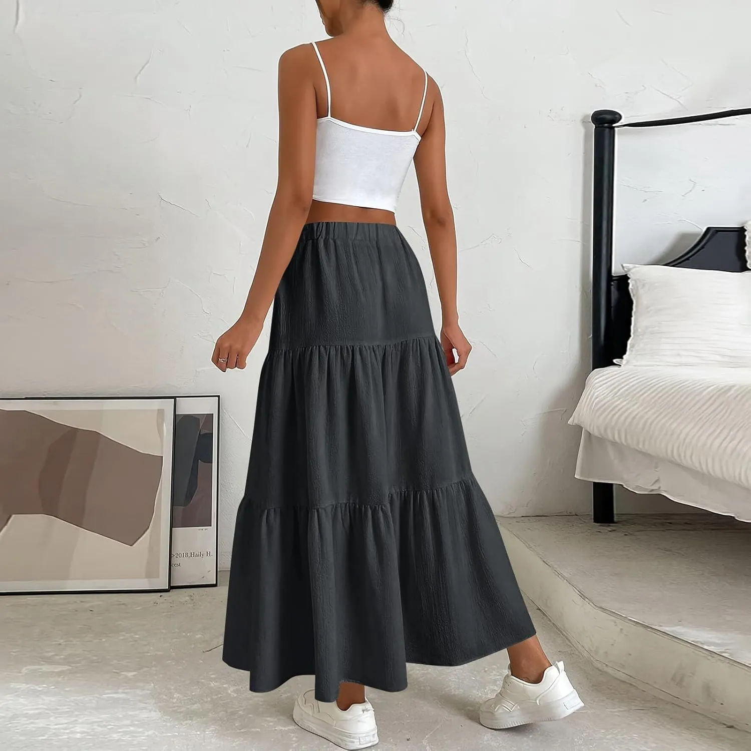 Womens Maxi Skirts Elastic Boho High Waisted Pleated Long Skirts Summer Casual Flowy A Line Tiered Beach Skirt