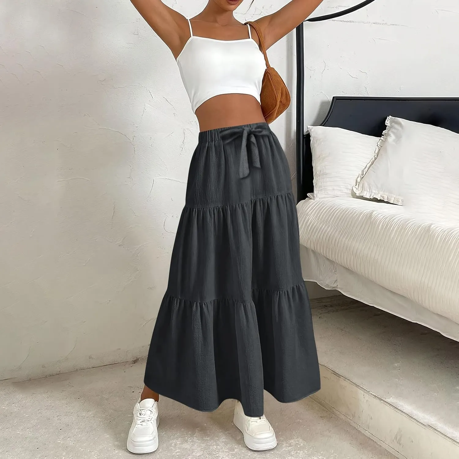 Womens Maxi Skirts Elastic Boho High Waisted Pleated Long Skirts Summer Casual Flowy A Line Tiered Beach Skirt