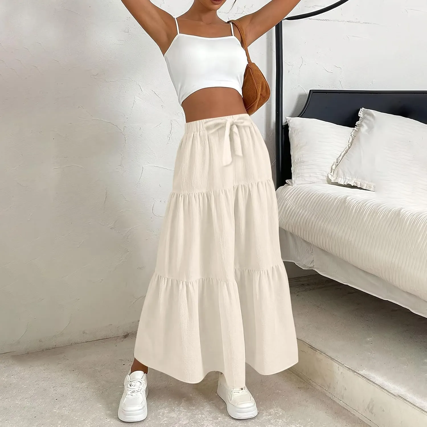 Womens Maxi Skirts Elastic Boho High Waisted Pleated Long Skirts Summer Casual Flowy A Line Tiered Beach Skirt