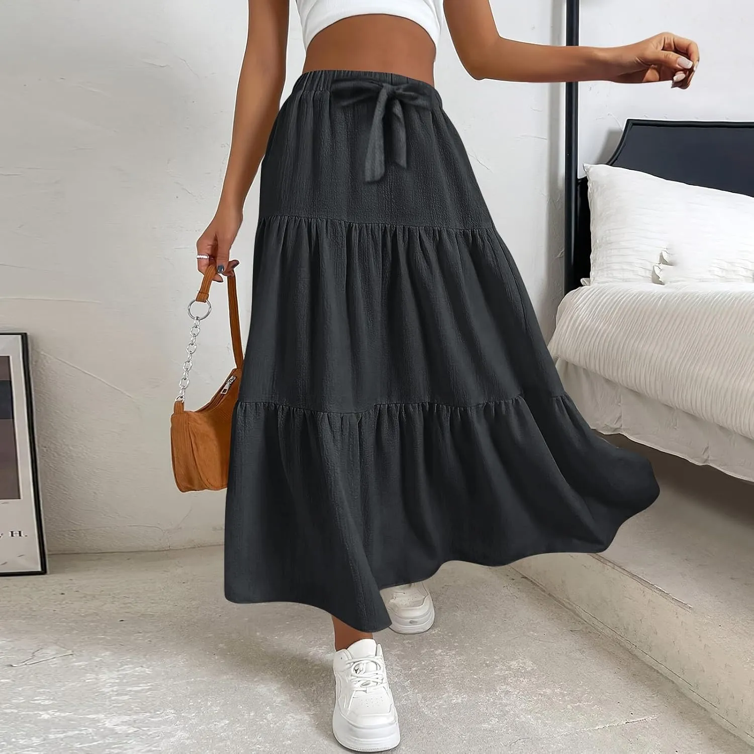 Womens Maxi Skirts Elastic Boho High Waisted Pleated Long Skirts Summer Casual Flowy A Line Tiered Beach Skirt