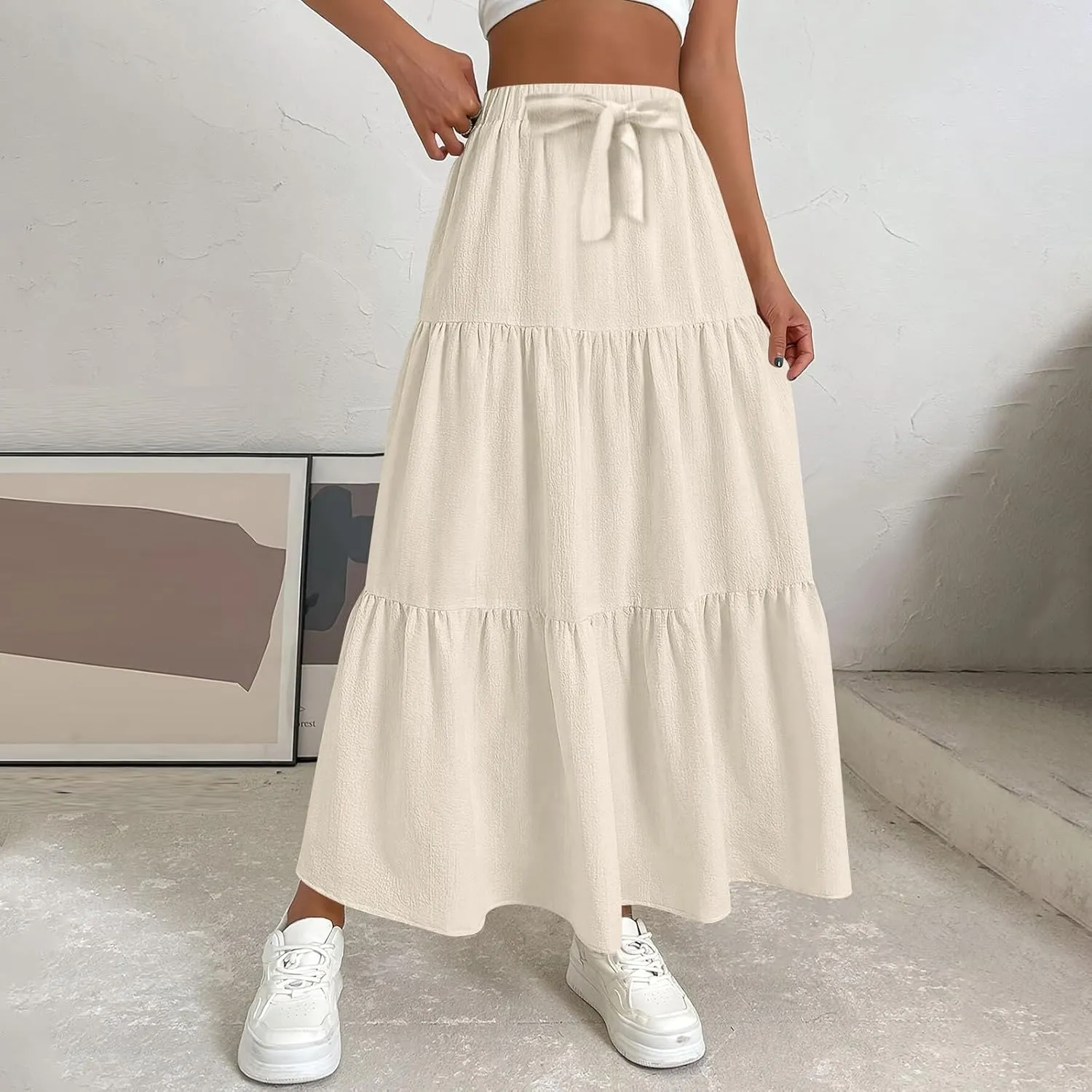Womens Maxi Skirts Elastic Boho High Waisted Pleated Long Skirts Summer Casual Flowy A Line Tiered Beach Skirt