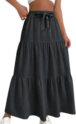 Womens Maxi Skirts Elastic Boho High Waisted Pleated Long Skirts Summer Casual Flowy A Line Tiered Beach Skirt