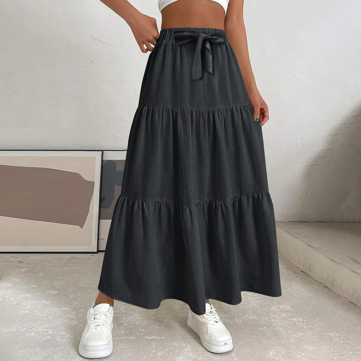 Womens Maxi Skirts Elastic Boho High Waisted Pleated Long Skirts Summer Casual Flowy A Line Tiered Beach Skirt