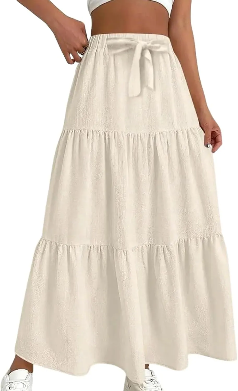 Womens Maxi Skirts Elastic Boho High Waisted Pleated Long Skirts Summer Casual Flowy A Line Tiered Beach Skirt