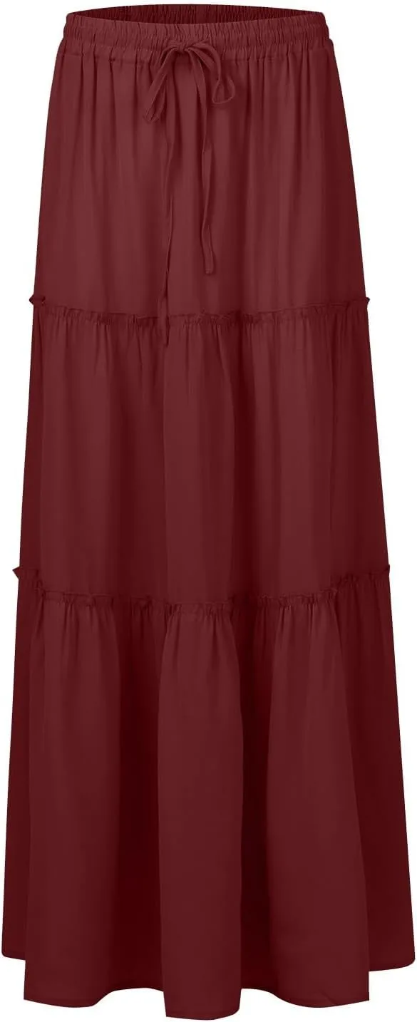 Womens Pleated A-Line Elastic High Waist Maxi Skirt 2025 Summer Casual Trendy Flowy Swing Boho Long Beach Dress
